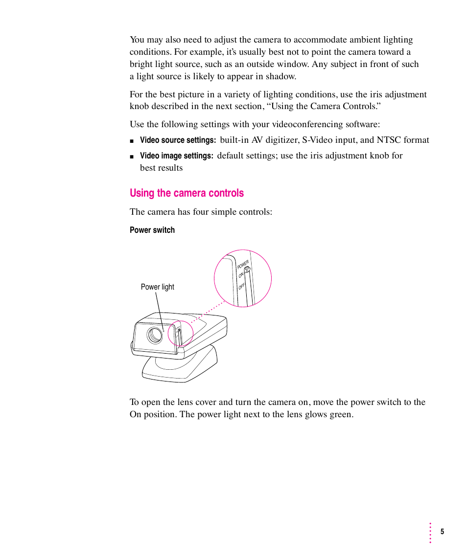 Using the camera controls, The camera has four simple controls | Apple Video Phone Kit User Manual | Page 5 / 22