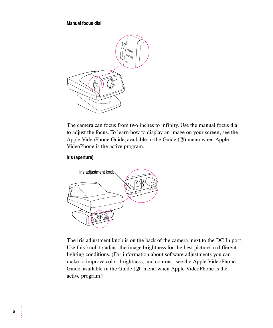 Manual focus dial, Iris (aperture), Iris adjustment knob | Apple Video Phone Kit User Manual | Page 6 / 22