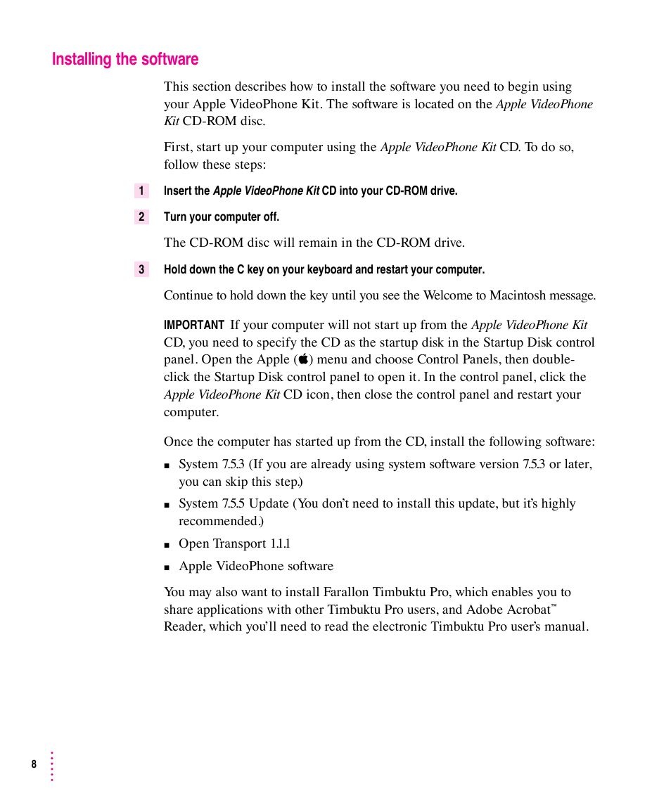 Installing the software | Apple Video Phone Kit User Manual | Page 8 / 22