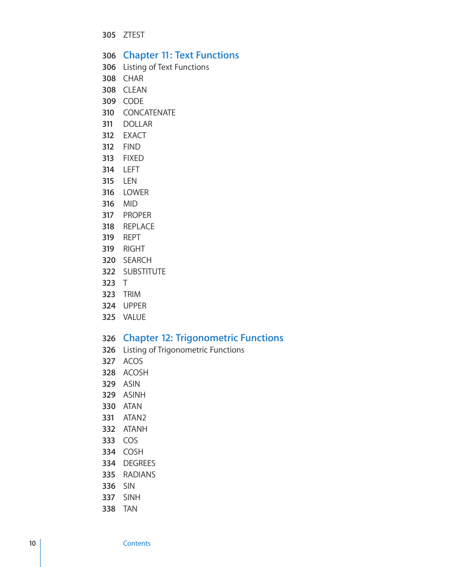 Chapter 11: text functions, Chapter 12: trigonometric functions | Apple iWork '09 User Manual | Page 10 / 372
