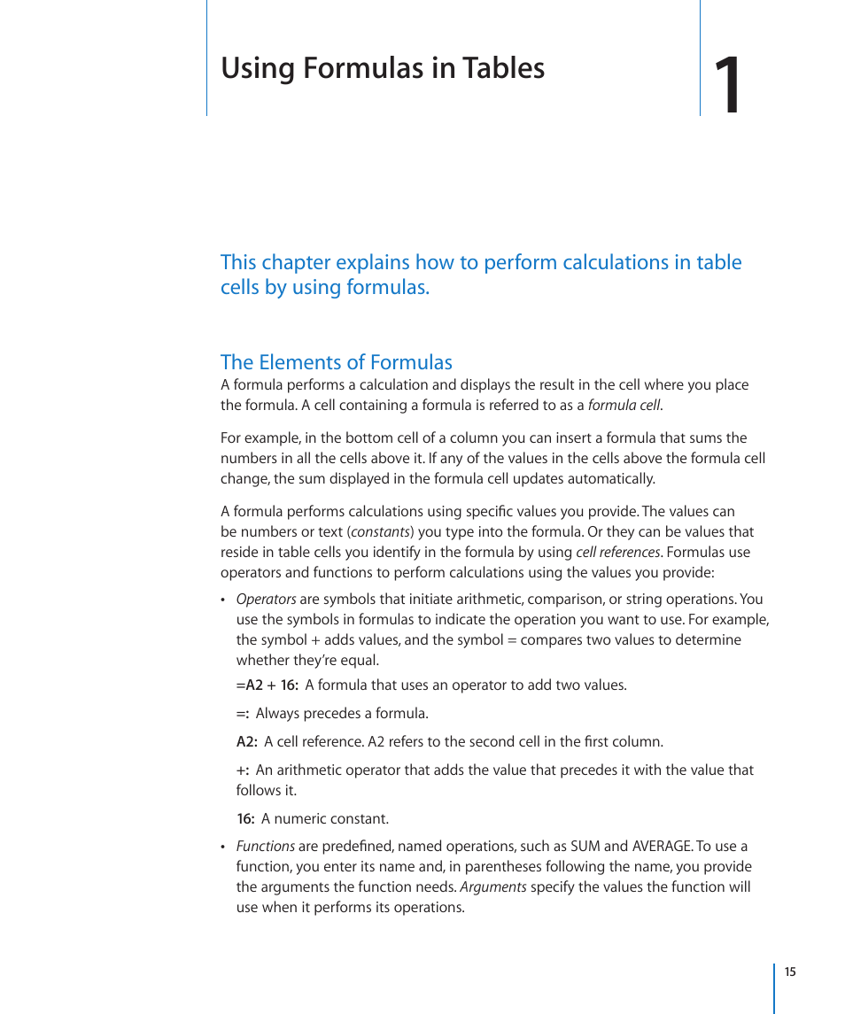 Chapter 1: using formulas in tables, The elements of formulas, Chapter 1: using formulas in tables | Using formulas in tables | Apple iWork '09 User Manual | Page 15 / 372