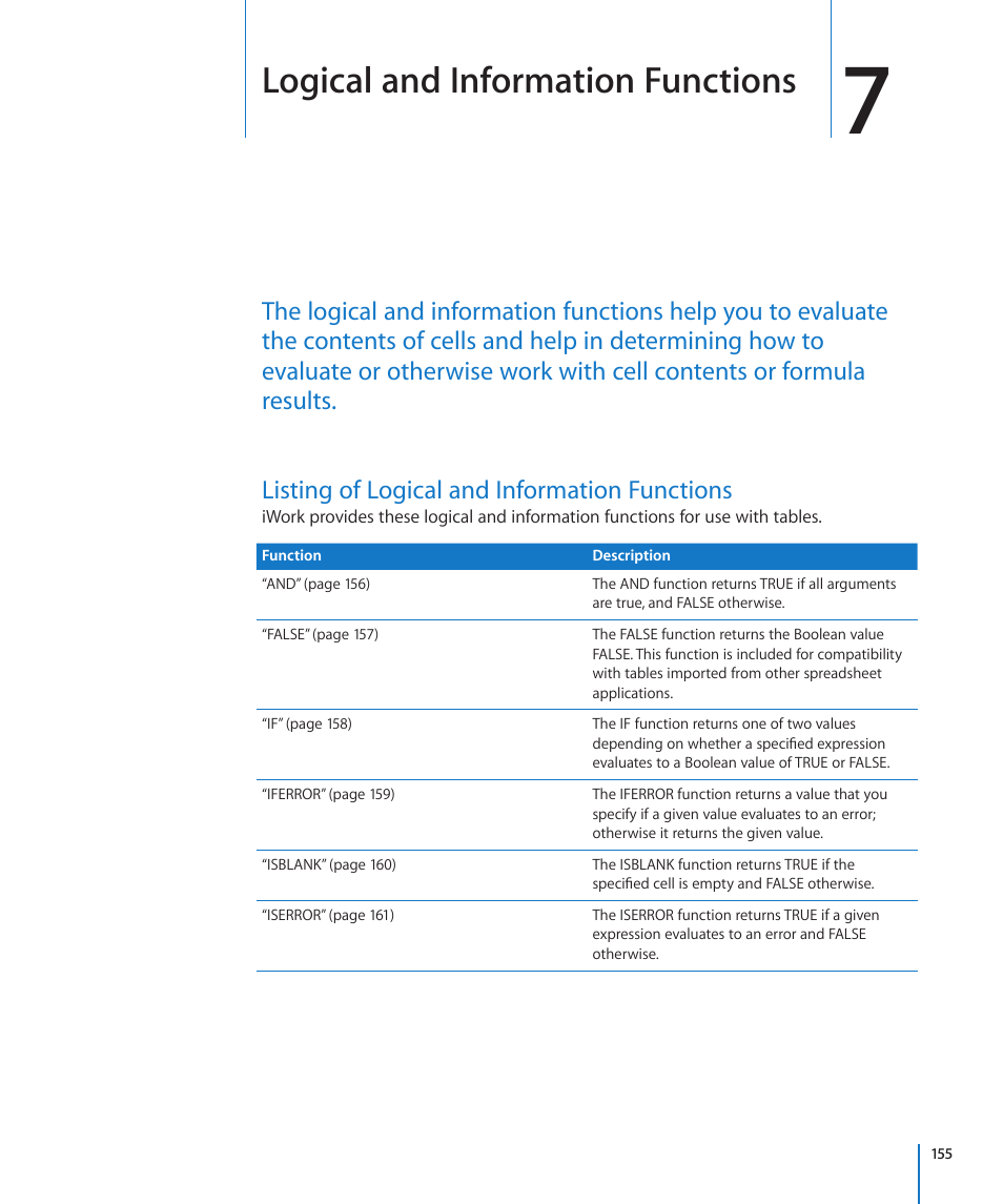 Chapter 7: logical and information functions, Listing of logical and information functions, Chapter 7: logical and information functions | 155 listing of logical and information functions, Logical and information functions | Apple iWork '09 User Manual | Page 155 / 372