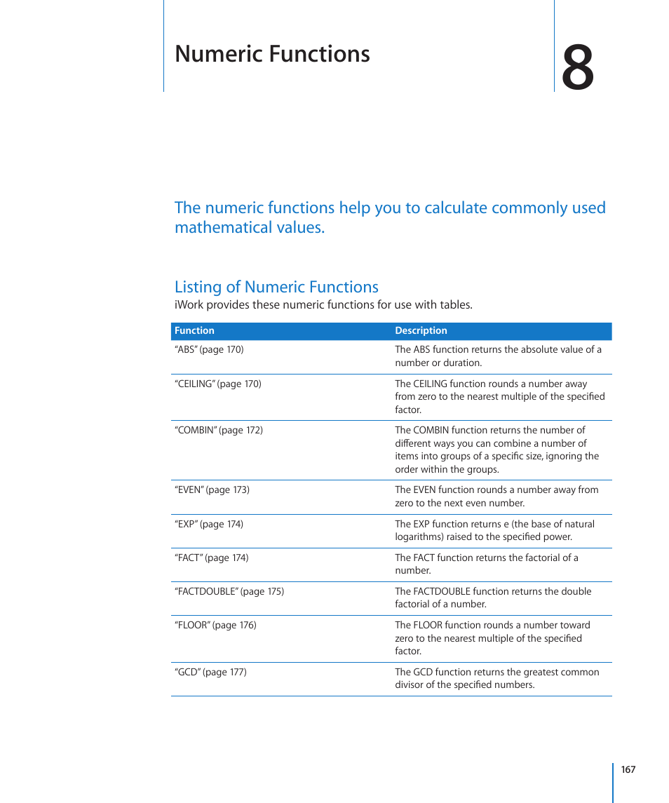 Chapter 8: numeric functions, Listing of numeric functions, Chapter 8: numeric functions | 167 listing of numeric functions, Numeric functions | Apple iWork '09 User Manual | Page 167 / 372