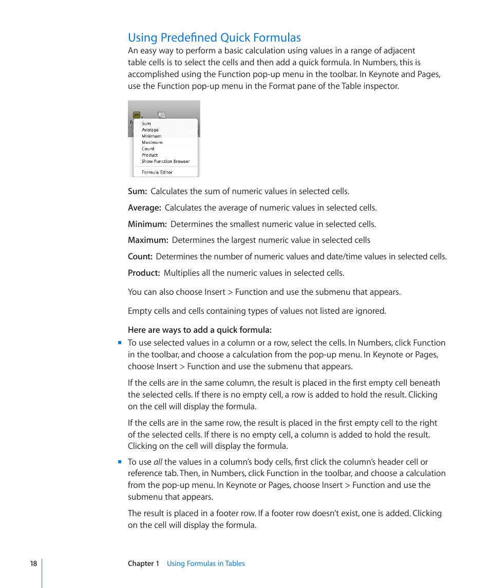 Using predefined quick formulas | Apple iWork '09 User Manual | Page 18 / 372