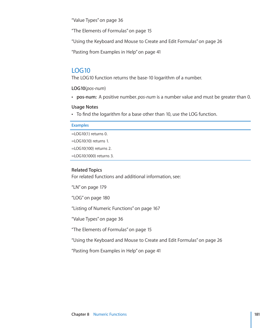 Log10, 181 log10 | Apple iWork '09 User Manual | Page 181 / 372