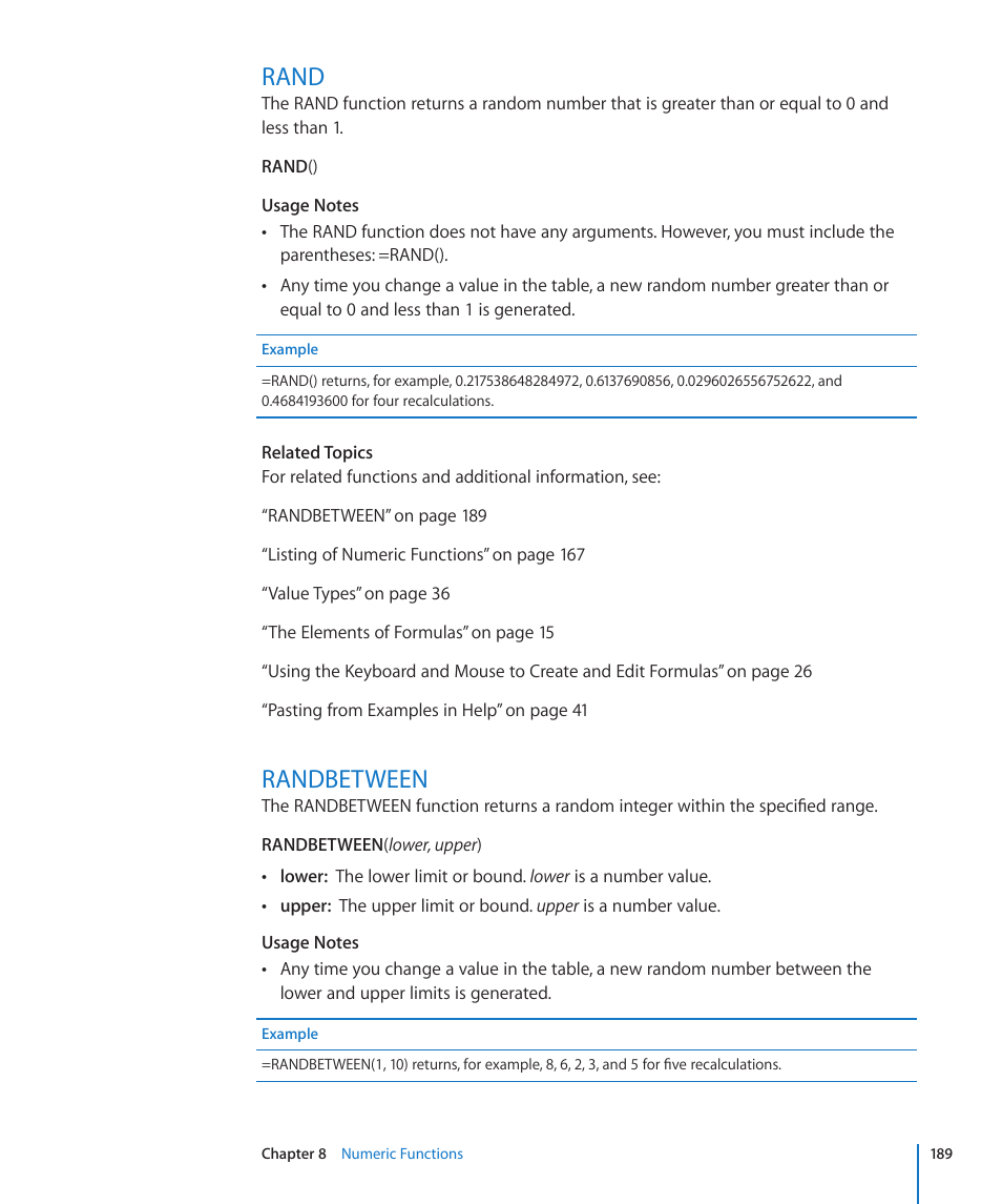 Rand, Randbetween, 189 rand 189 randbetween | Apple iWork '09 User Manual | Page 189 / 372