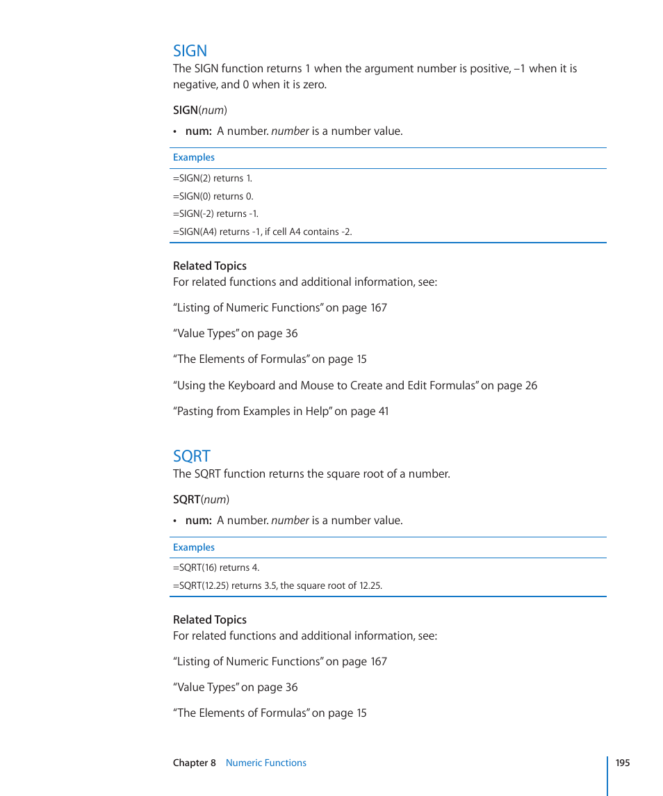 Sign, Sqrt, 195 sign 195 sqrt | Apple iWork '09 User Manual | Page 195 / 372