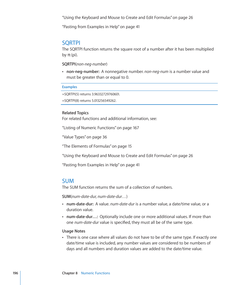 Sqrtpi, 196 sqrtpi 196 sum | Apple iWork '09 User Manual | Page 196 / 372