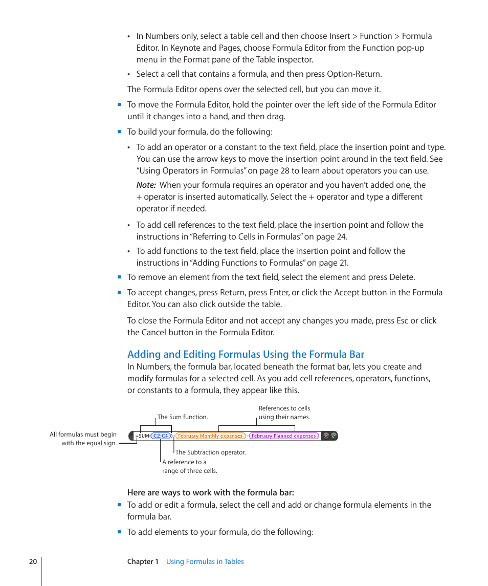 Adding and editing formulas using the formula bar | Apple iWork '09 User Manual | Page 20 / 372