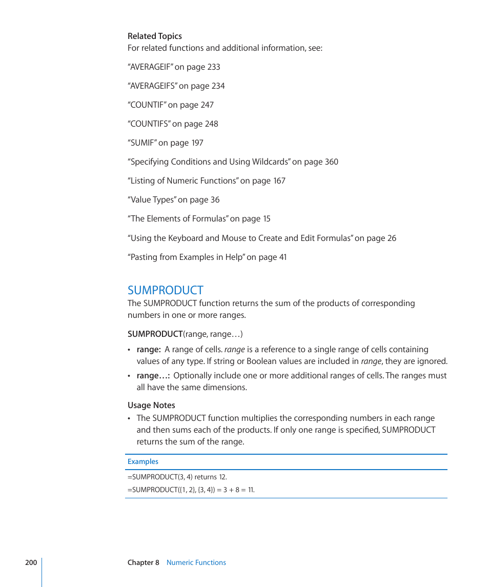 Sumproduct, 200 sumproduct | Apple iWork '09 User Manual | Page 200 / 372