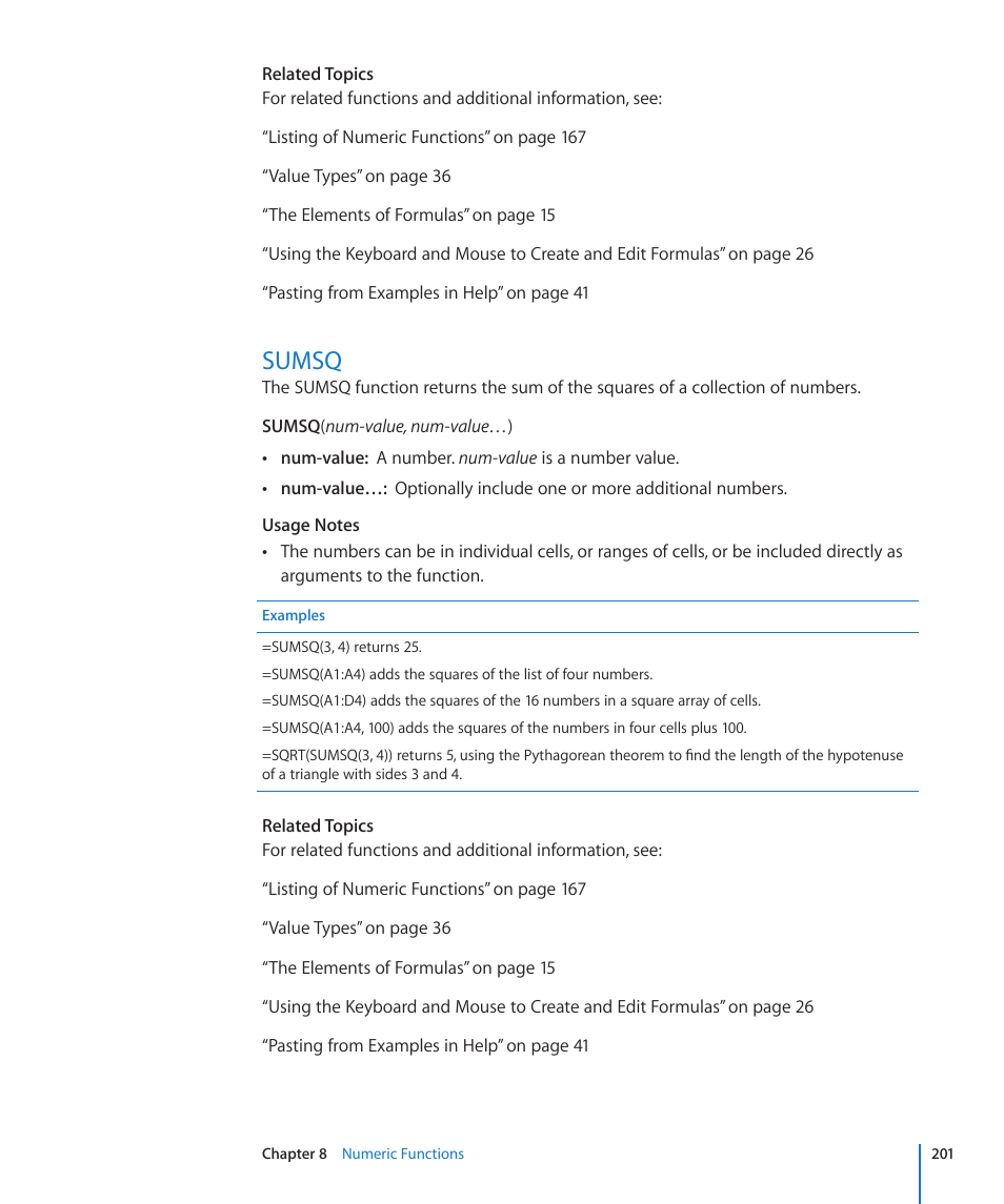 Sumsq, 201 sumsq | Apple iWork '09 User Manual | Page 201 / 372