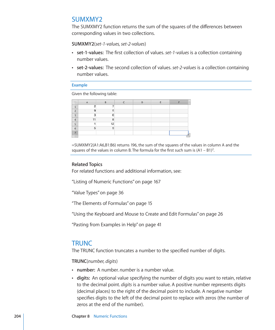 Sumxmy2, Trunc, 204 sumxmy2 204 trunc | Apple iWork '09 User Manual | Page 204 / 372