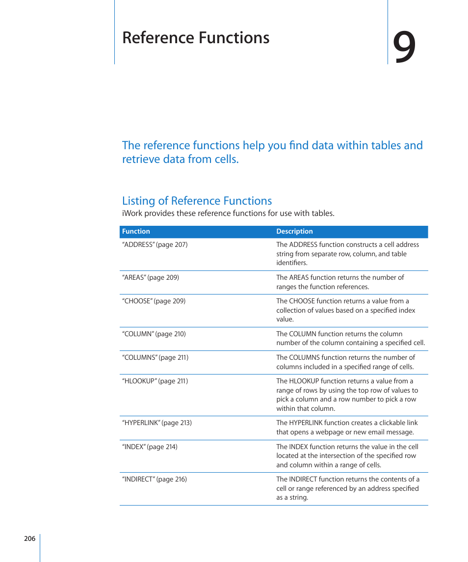 Chapter 9: reference functions, Listing of reference functions, Chapter 9: reference functions | 206 listing of reference functions, Reference functions | Apple iWork '09 User Manual | Page 206 / 372