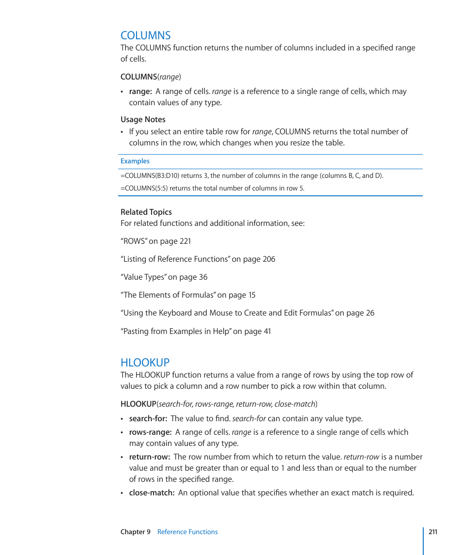 Columns, Hlookup, 211 columns 211 hlookup | Apple iWork '09 User Manual | Page 211 / 372