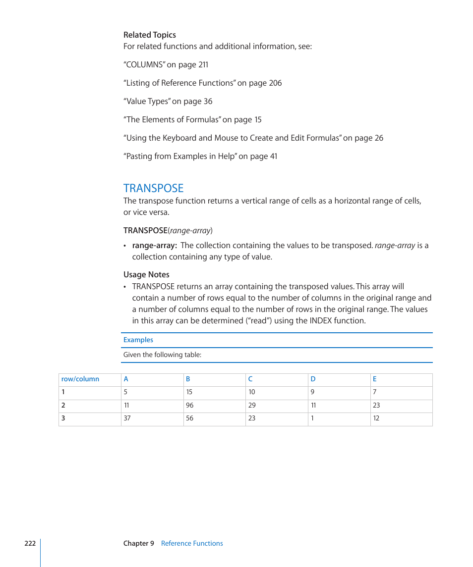Transpose, 222 transpose | Apple iWork '09 User Manual | Page 222 / 372