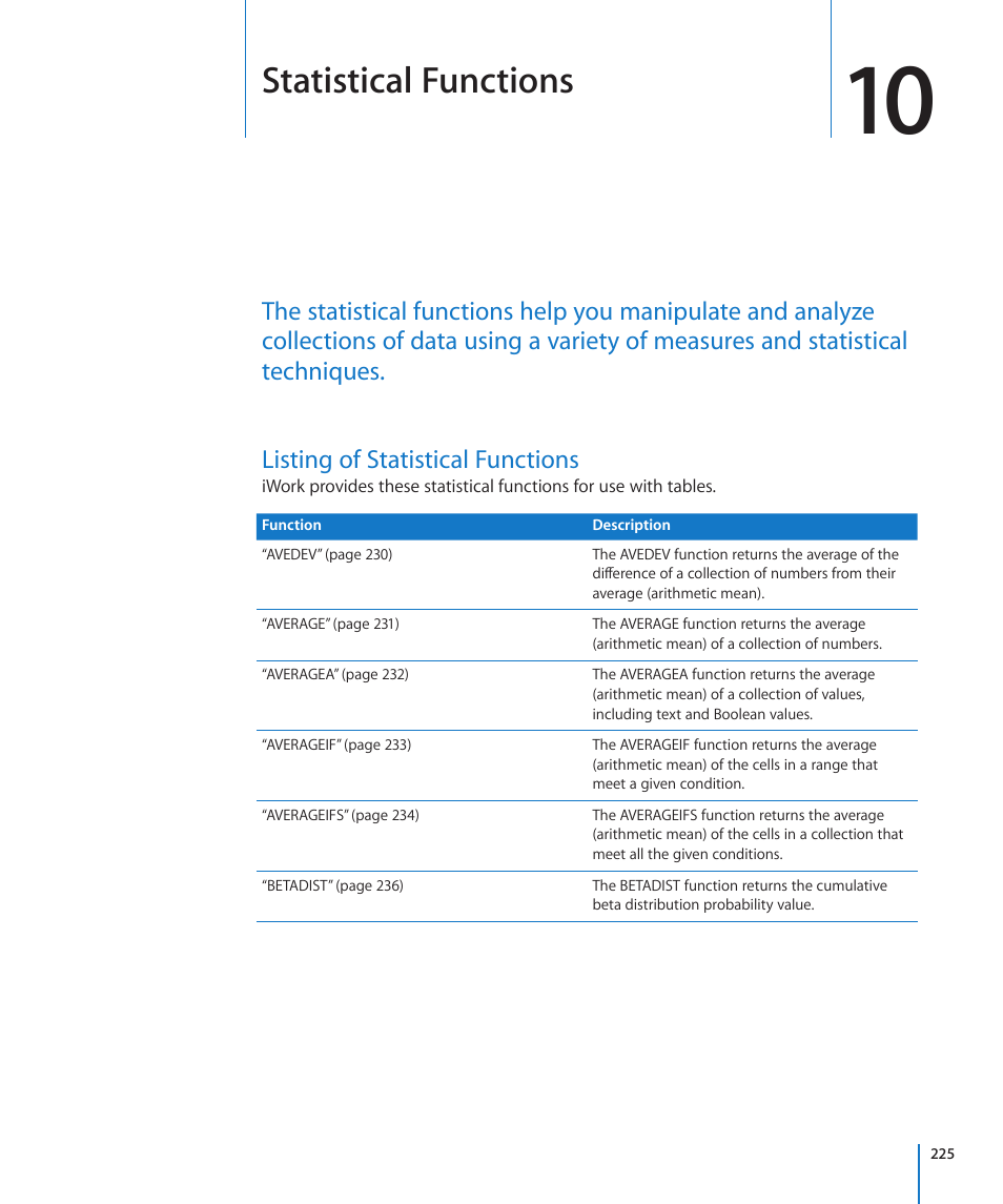 Chapter 10: statistical functions, Listing of statistical functions, Chapter 10: statistical functions | 225 listing of statistical functions, Statistical functions | Apple iWork '09 User Manual | Page 225 / 372