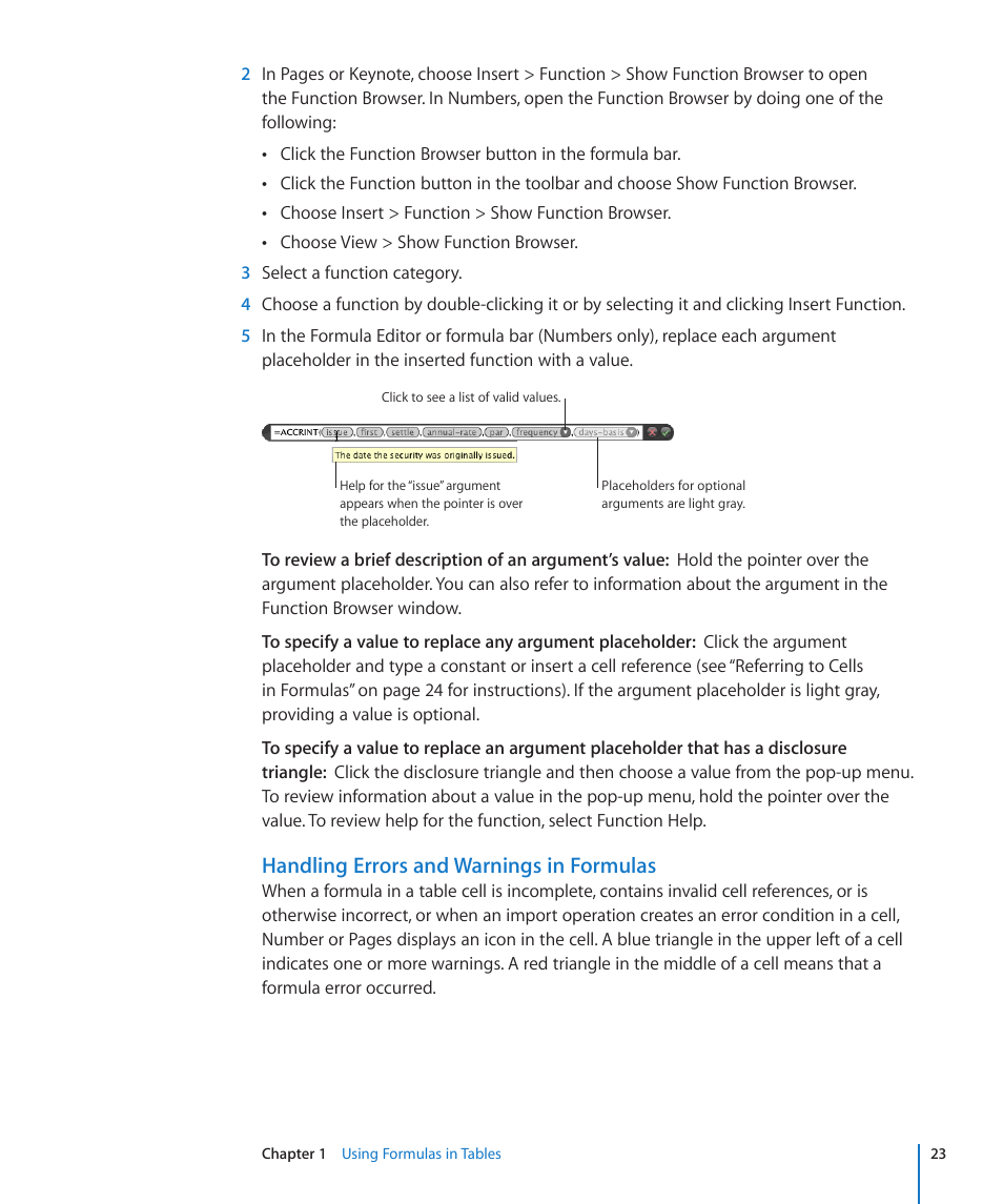 Handling errors and warnings in formulas | Apple iWork '09 User Manual | Page 23 / 372
