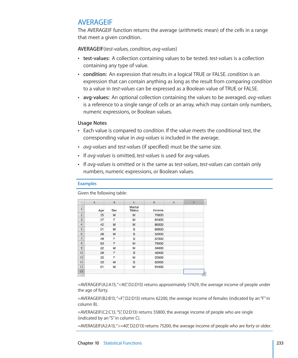 Averageif, 233 averageif | Apple iWork '09 User Manual | Page 233 / 372