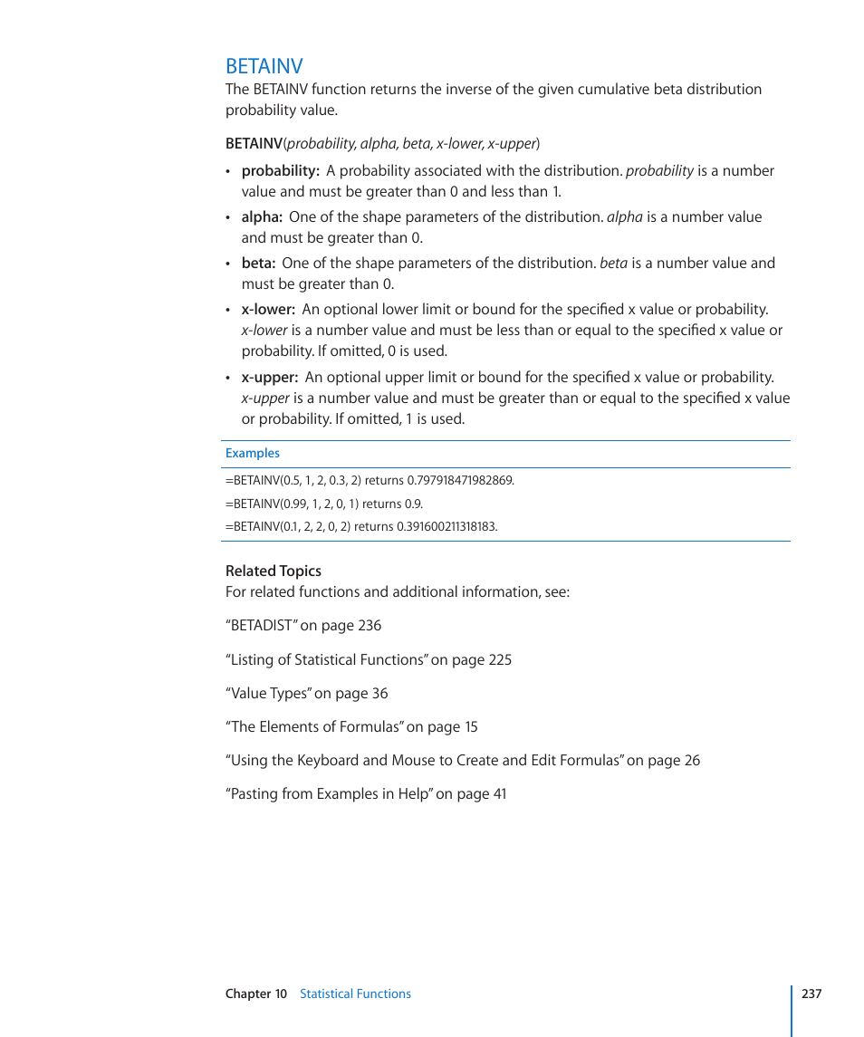Betainv, 237 betainv | Apple iWork '09 User Manual | Page 237 / 372