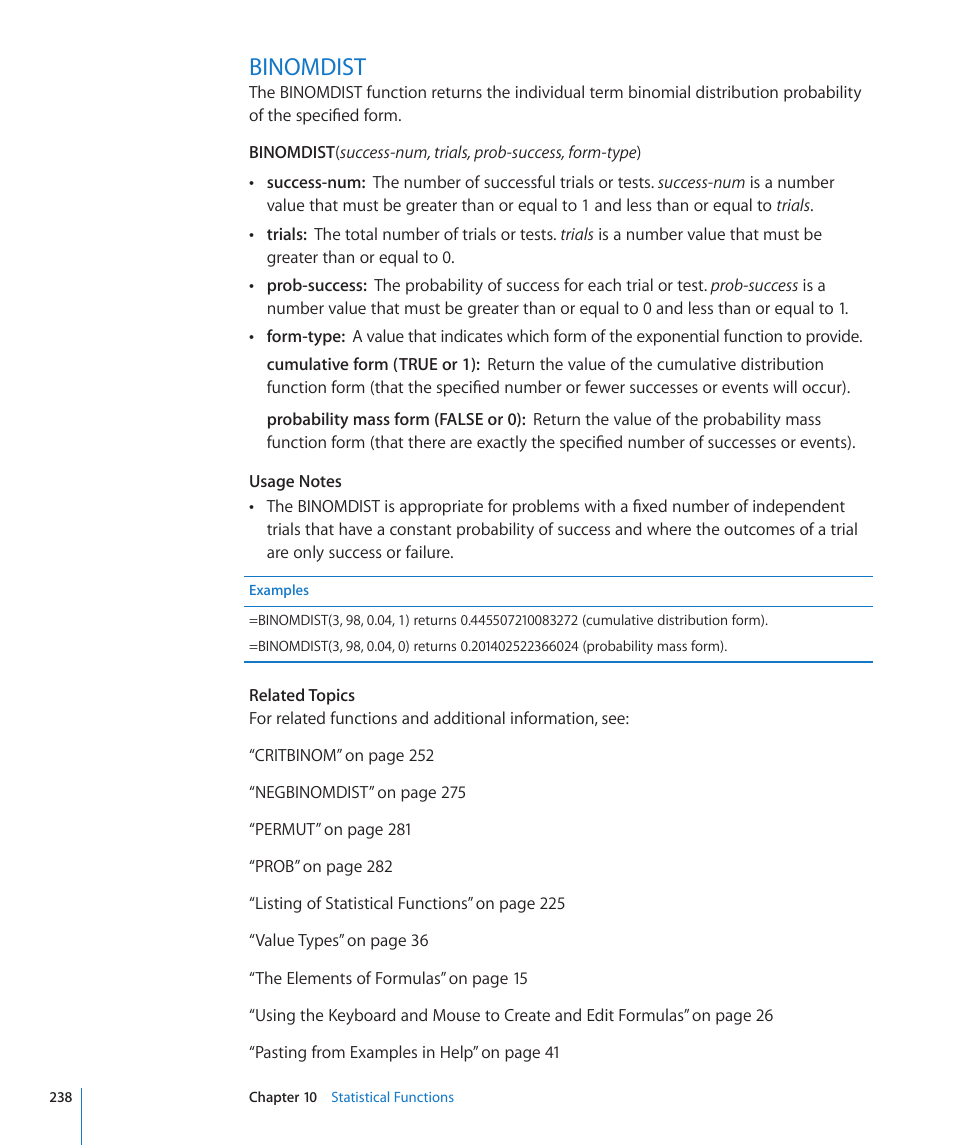 Binomdist, 238 binomdist | Apple iWork '09 User Manual | Page 238 / 372