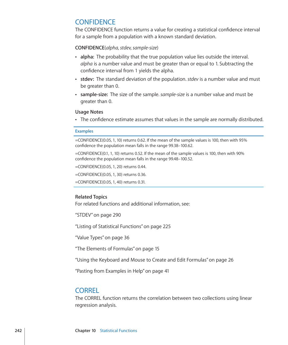 Confidence, Correl, 242 confidence 242 correl | Apple iWork '09 User Manual | Page 242 / 372