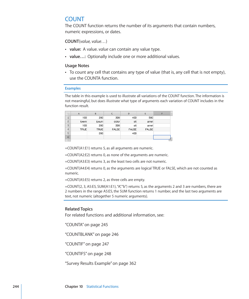 Count, 244 count | Apple iWork '09 User Manual | Page 244 / 372
