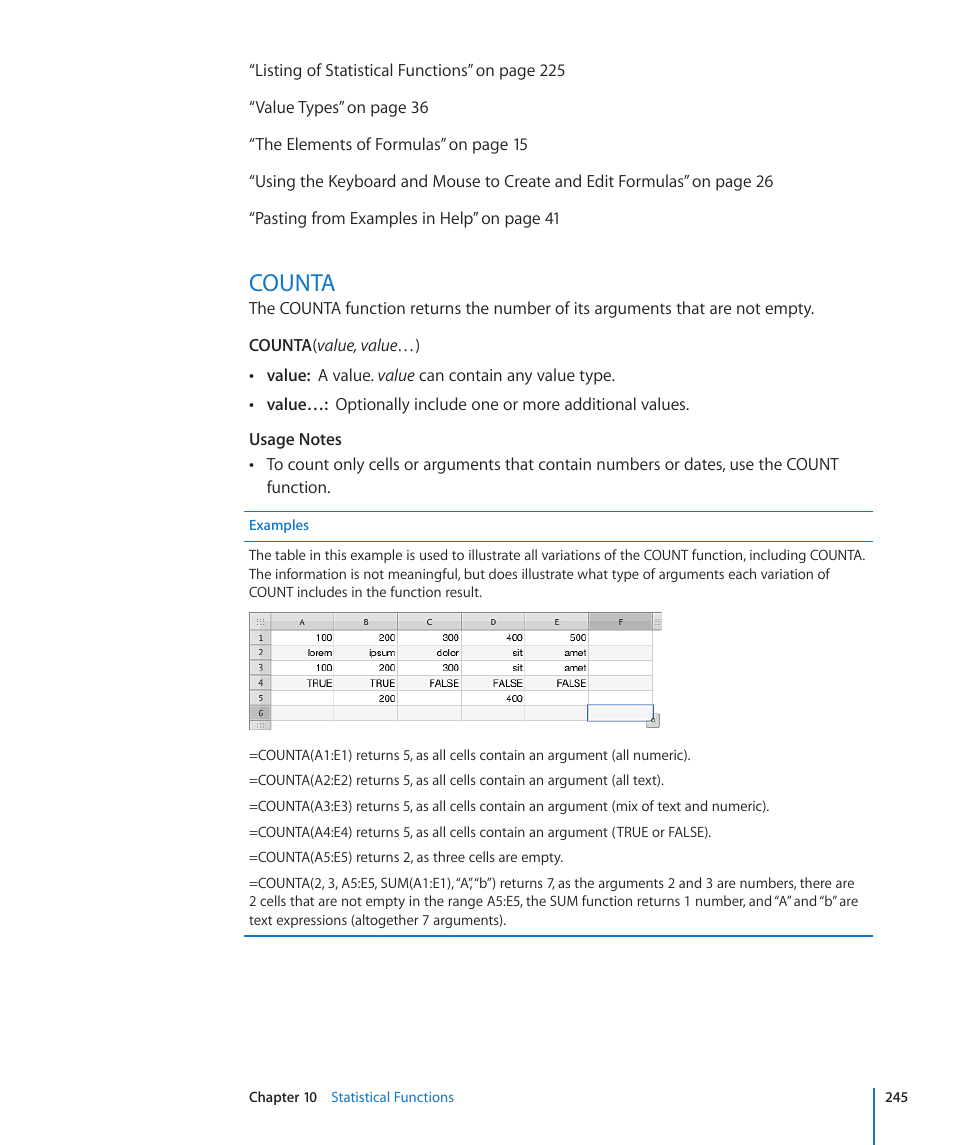 Counta, 245 counta | Apple iWork '09 User Manual | Page 245 / 372