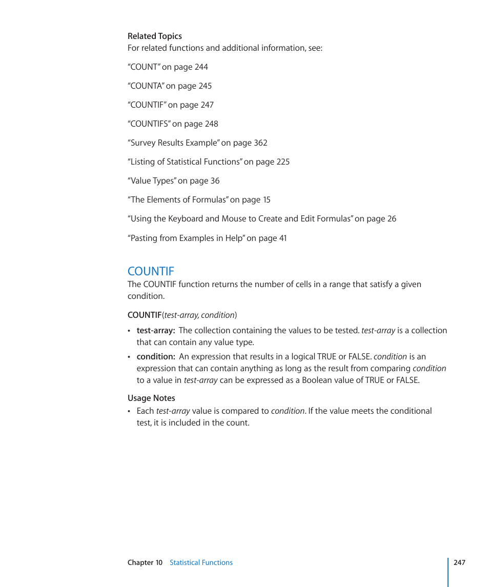 Countif, 247 countif | Apple iWork '09 User Manual | Page 247 / 372