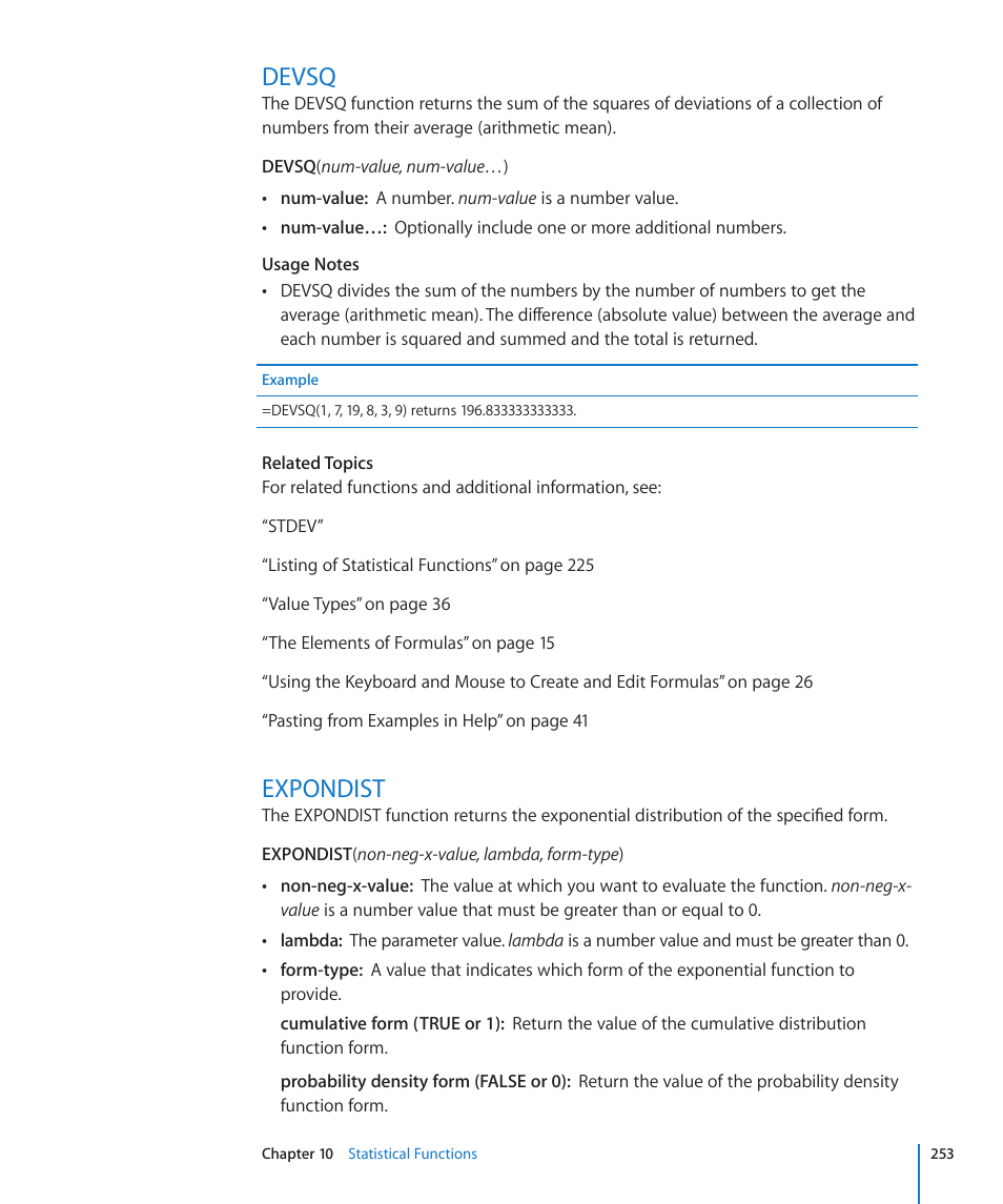 Devsq, Expondist, 253 devsq 253 expondist | Apple iWork '09 User Manual | Page 253 / 372