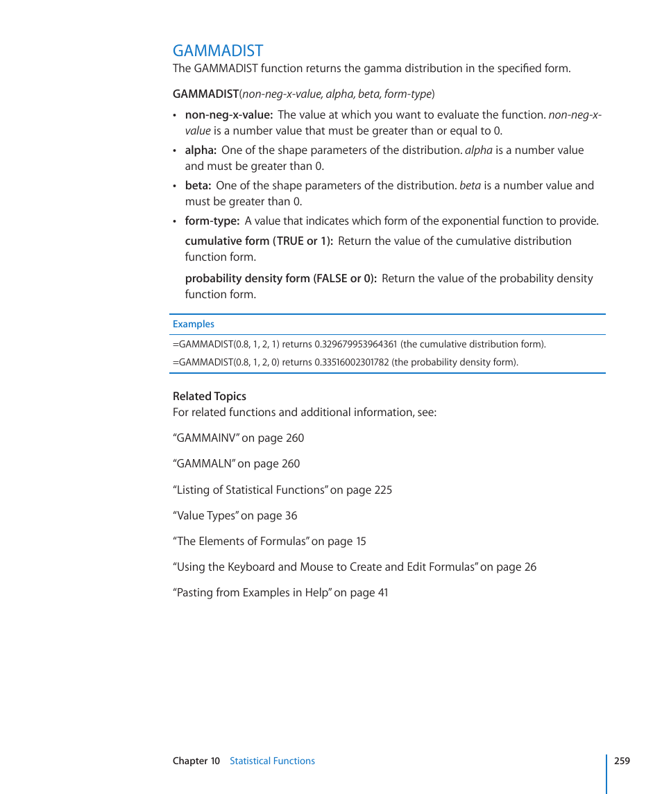 Gammadist, 259 gammadist | Apple iWork '09 User Manual | Page 259 / 372