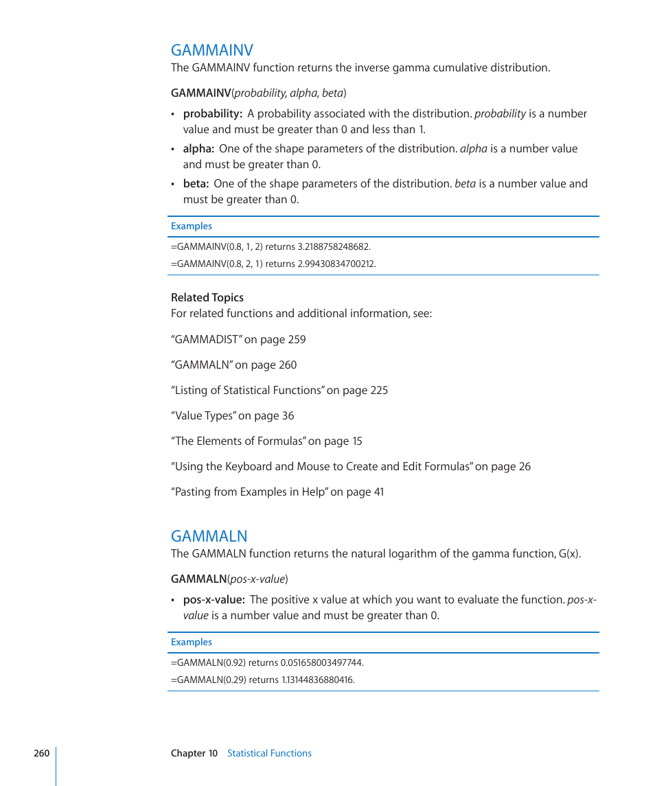 Gammainv, Gammaln, 260 gammainv 260 gammaln | Apple iWork '09 User Manual | Page 260 / 372