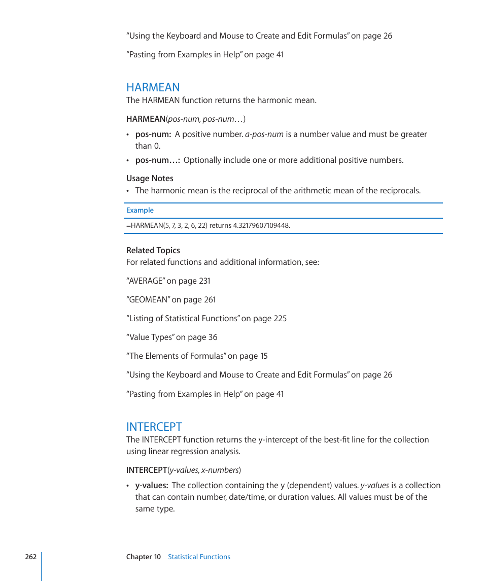 Harmean, Intercept, 262 harmean 262 intercept | Apple iWork '09 User Manual | Page 262 / 372