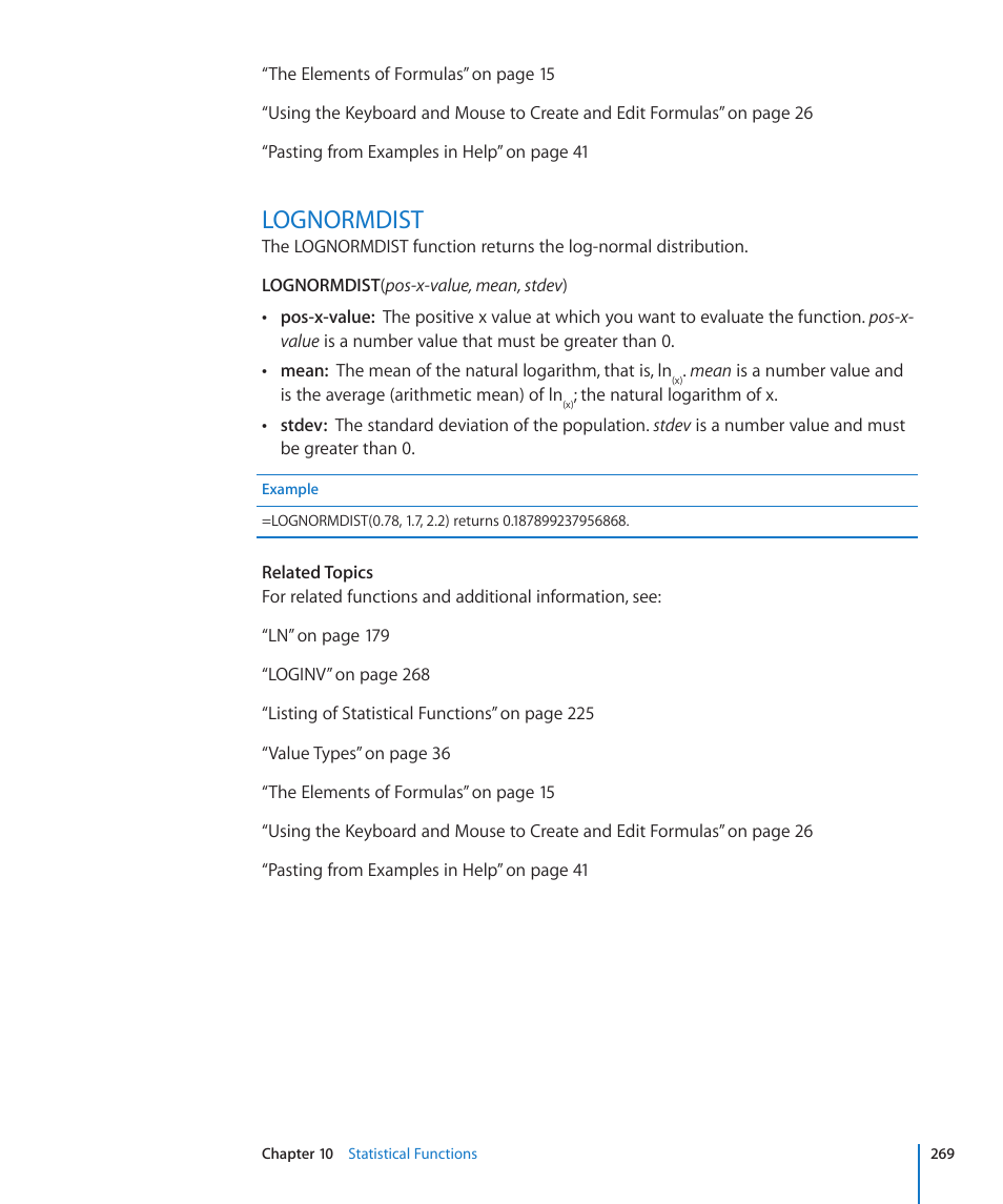 Lognormdist, 269 lognormdist | Apple iWork '09 User Manual | Page 269 / 372