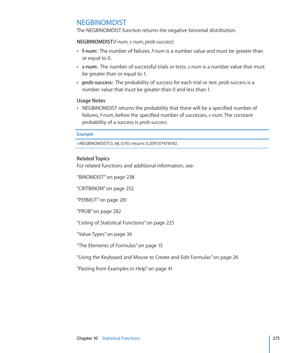 Negbinomdist, 275 negbinomdist | Apple iWork '09 User Manual | Page 275 / 372