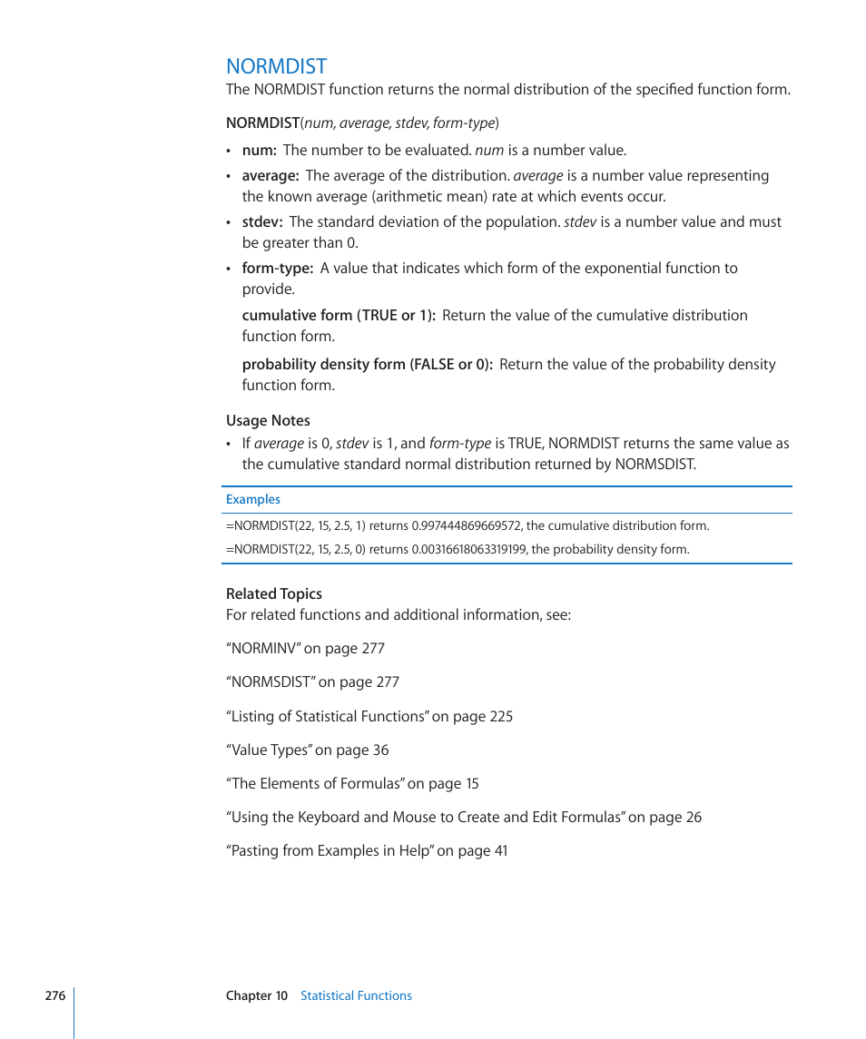 Normdist, 276 normdist | Apple iWork '09 User Manual | Page 276 / 372