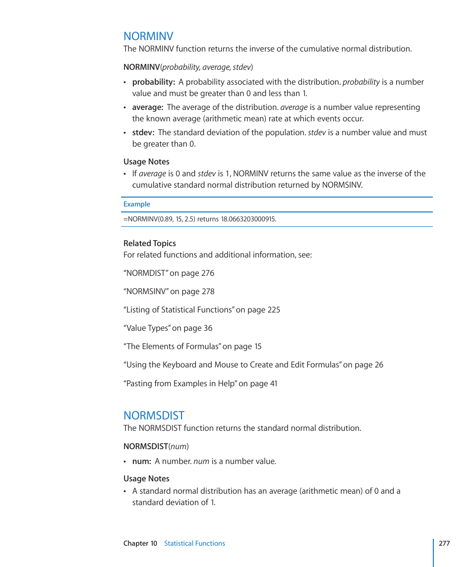 Norminv, Normsdist, 277 norminv 277 normsdist | Apple iWork '09 User Manual | Page 277 / 372