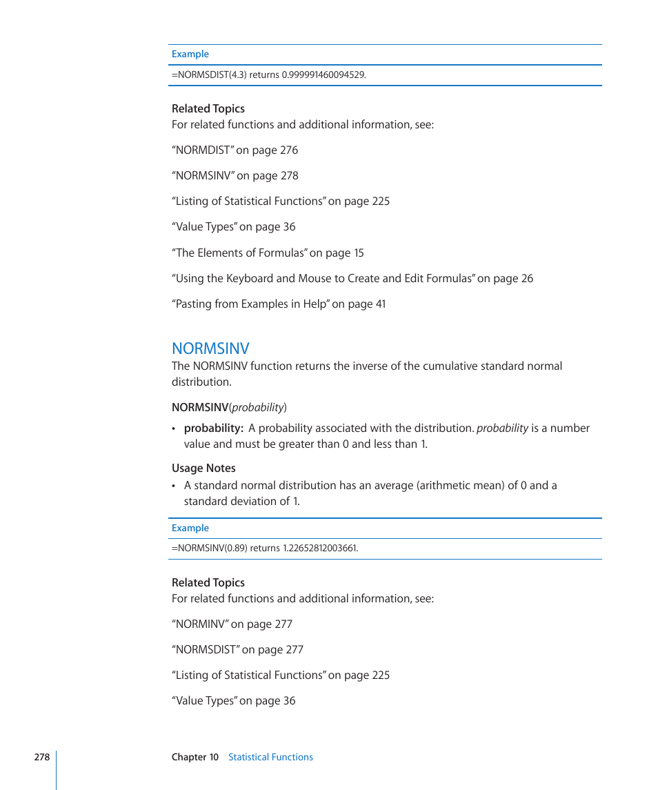 Normsinv, 278 normsinv | Apple iWork '09 User Manual | Page 278 / 372