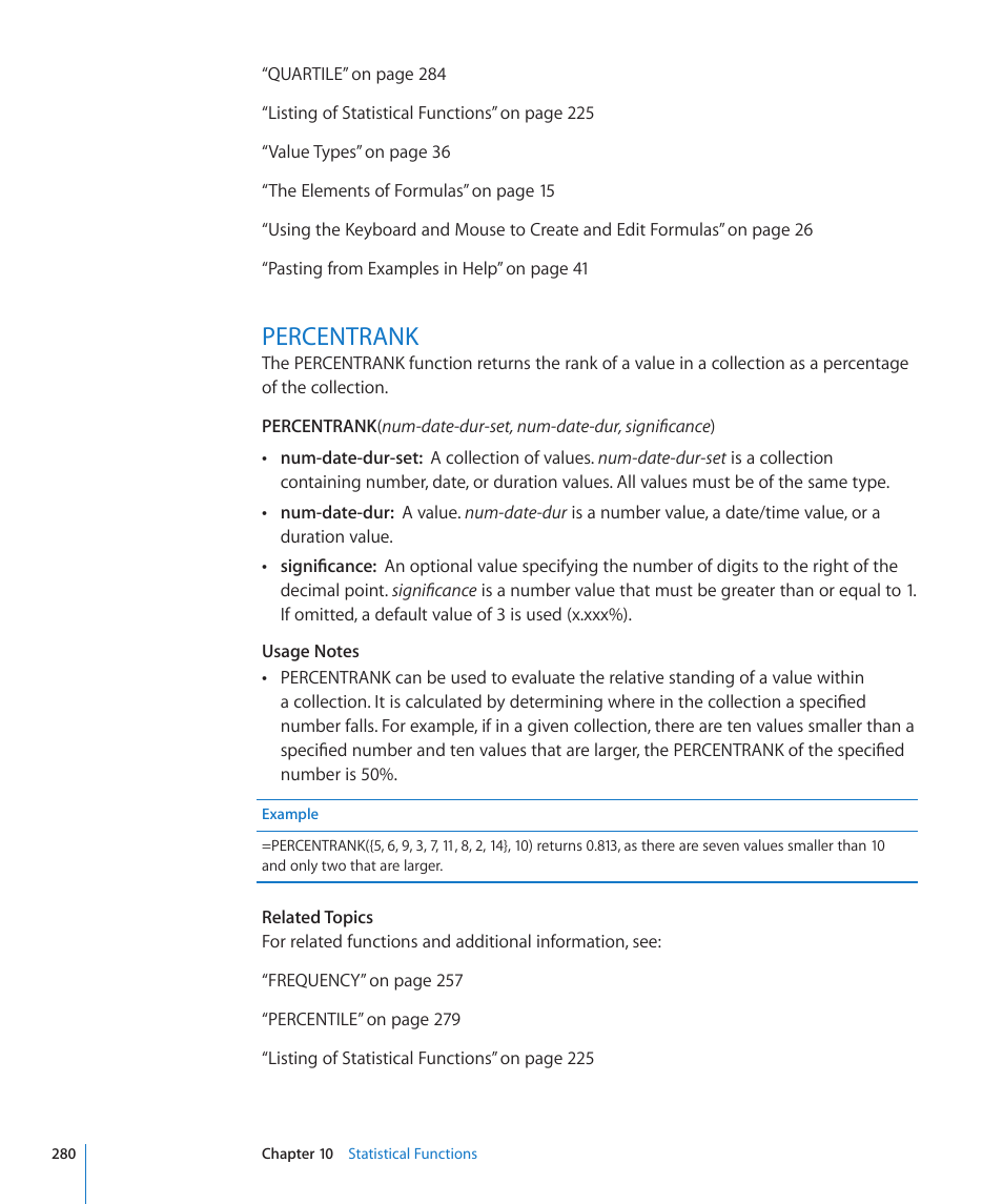 Percentrank, 280 percentrank | Apple iWork '09 User Manual | Page 280 / 372