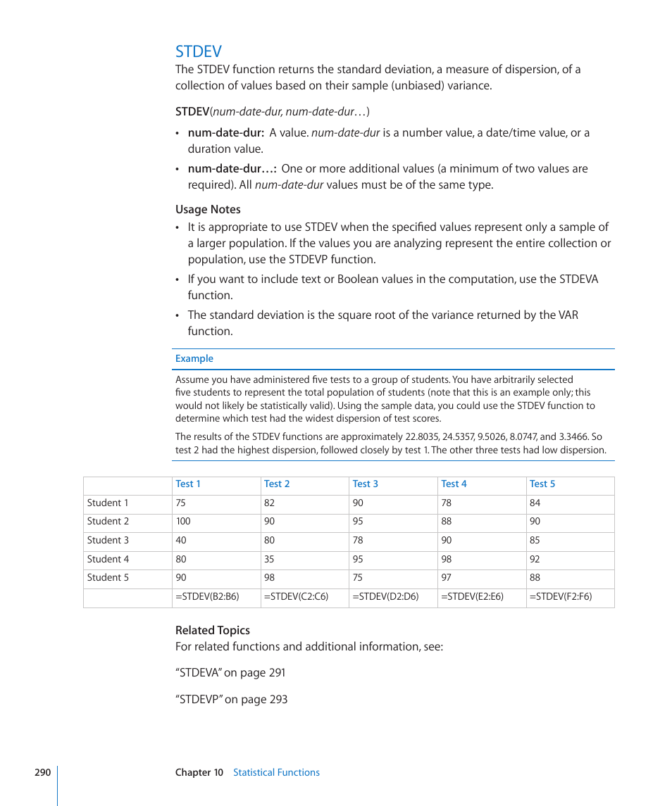 Stdev, 290 stdev | Apple iWork '09 User Manual | Page 290 / 372