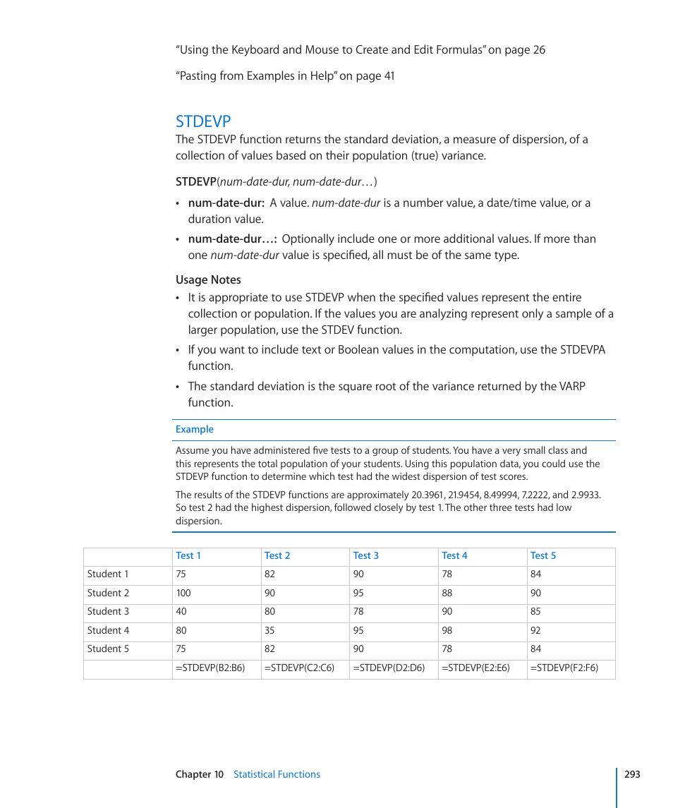 Stdevp, 293 stdevp | Apple iWork '09 User Manual | Page 293 / 372