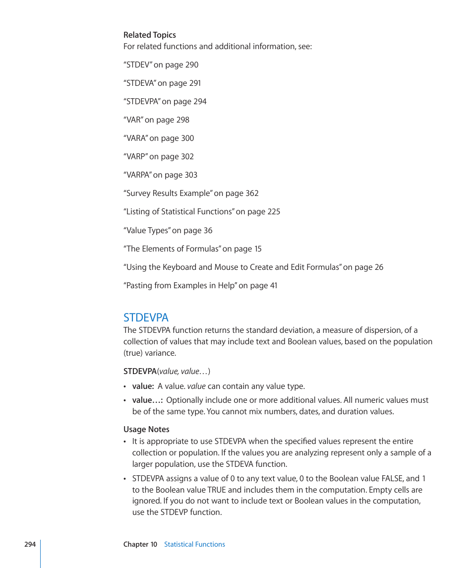 Stdevpa, 294 stdevpa | Apple iWork '09 User Manual | Page 294 / 372