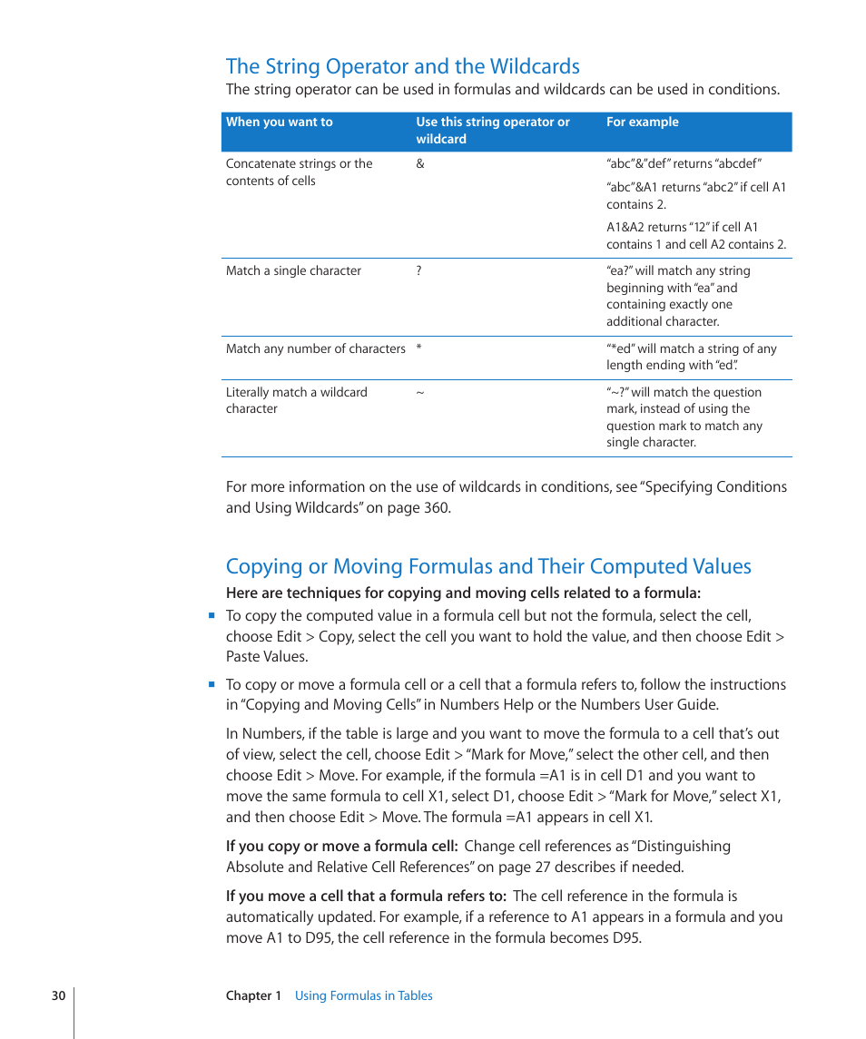 The string operator and the wildcards | Apple iWork '09 User Manual | Page 30 / 372