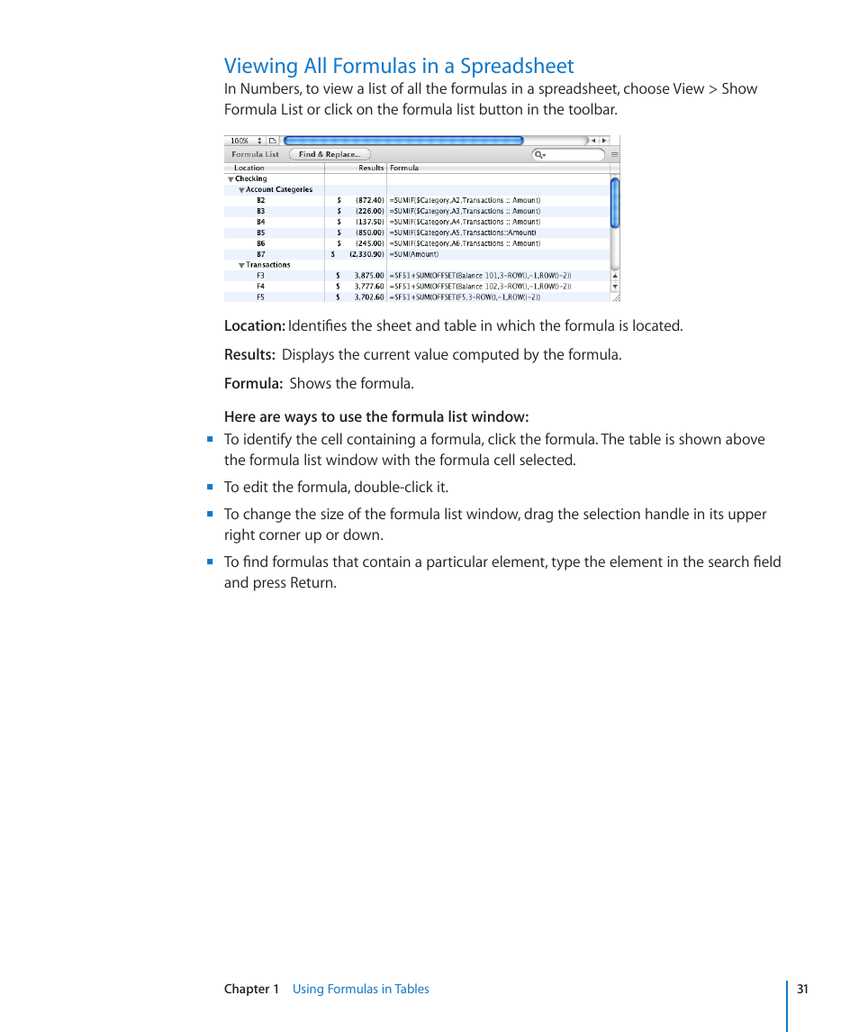 Viewing all formulas in a spreadsheet | Apple iWork '09 User Manual | Page 31 / 372