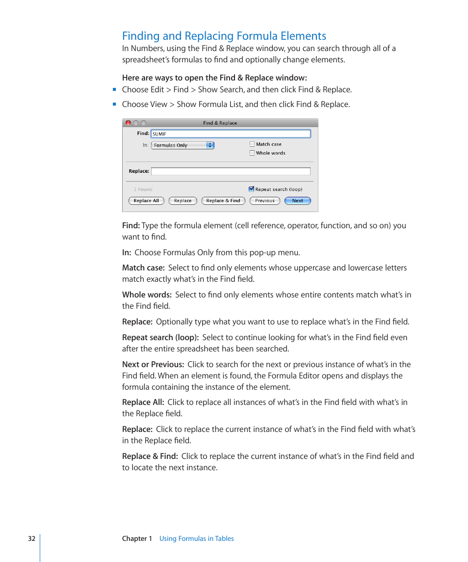 Finding and replacing formula elements, 32 finding and replacing formula elements | Apple iWork '09 User Manual | Page 32 / 372
