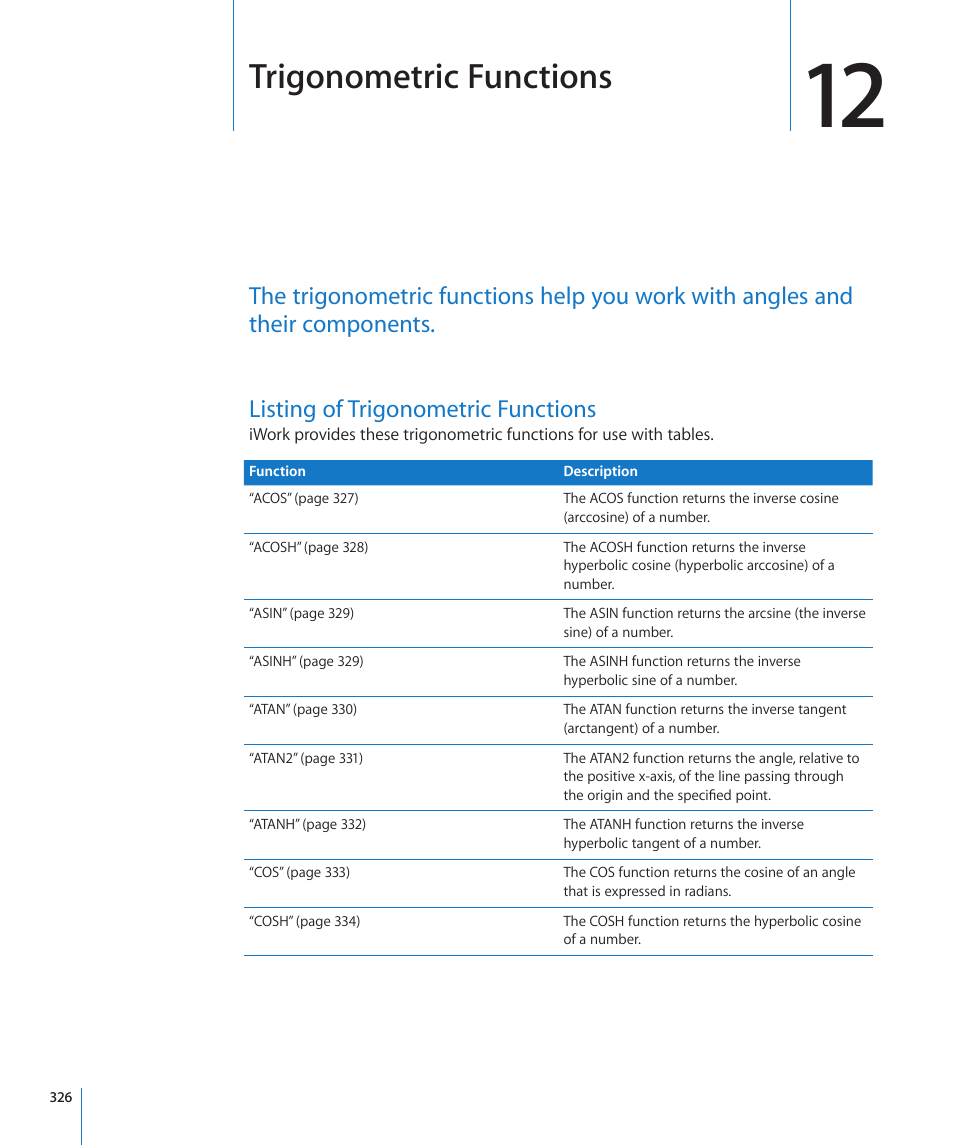Chapter 12: trigonometric functions, Listing of trigonometric functions, Chapter 12: trigonometric functions | 326 listing of trigonometric functions, Trigonometric functions | Apple iWork '09 User Manual | Page 326 / 372