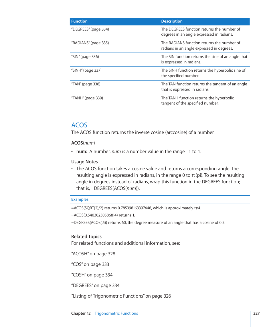 Acos, 327 acos | Apple iWork '09 User Manual | Page 327 / 372