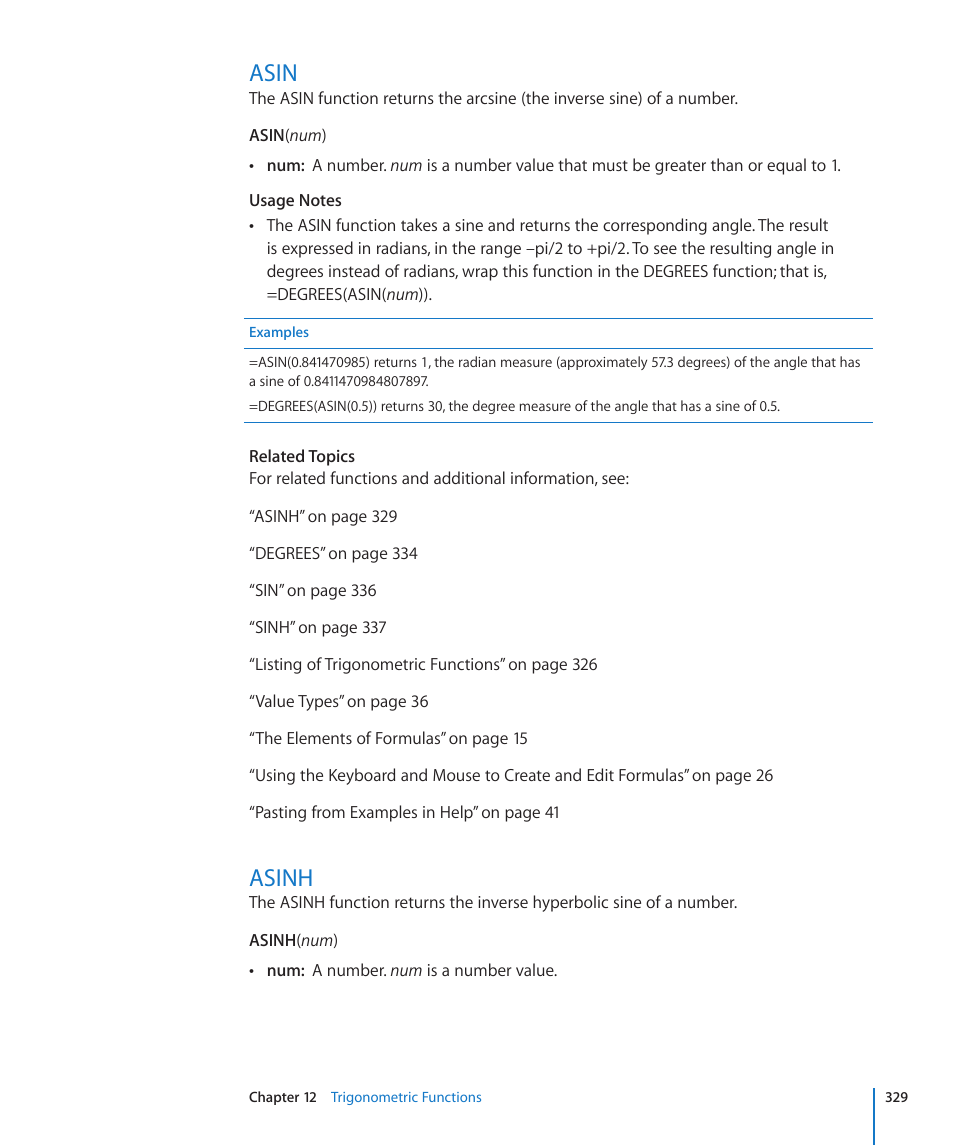 Asin, Asinh, 329 asin 329 asinh | Apple iWork '09 User Manual | Page 329 / 372