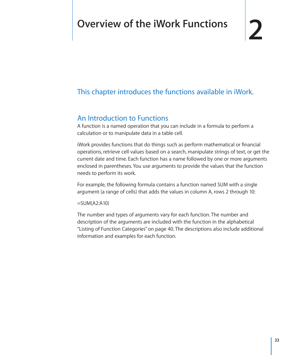 Chapter 2: overview of the iwork functions, An introduction to functions, Chapter 2: overview of the iwork functions | 33 an introduction to functions, Overview of the iwork functions | Apple iWork '09 User Manual | Page 33 / 372