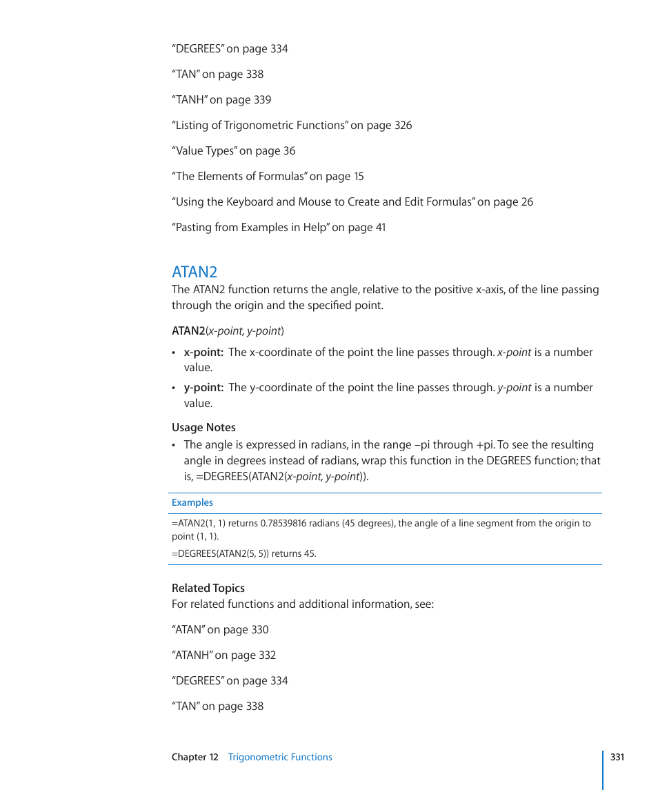 Atan2, 331 atan2 | Apple iWork '09 User Manual | Page 331 / 372