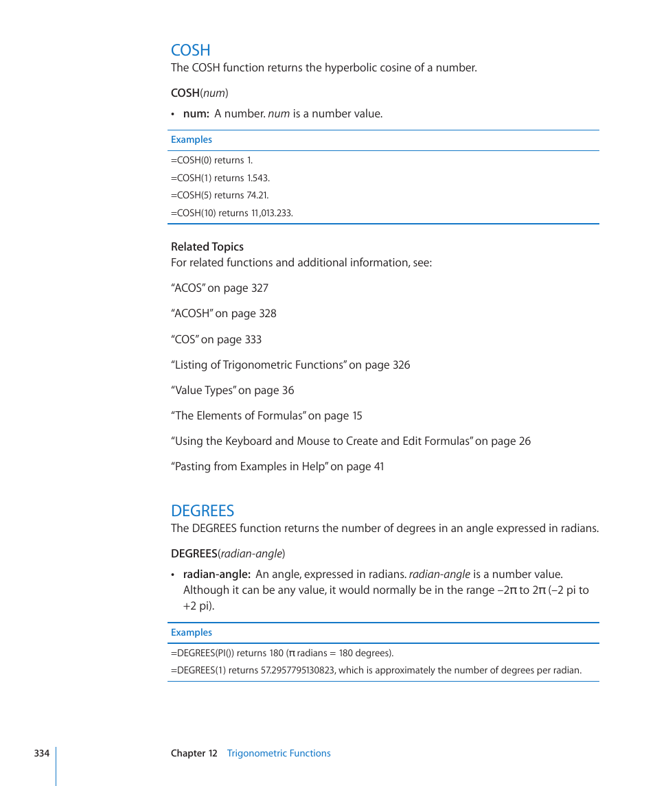 Cosh, Degrees, 334 cosh 334 degrees | Apple iWork '09 User Manual | Page 334 / 372